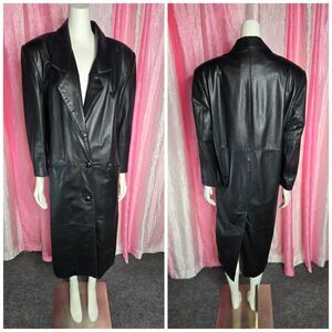 LA Studio Vintage Black Leather 80s Retro Mob Boss Trench Coat Size Small